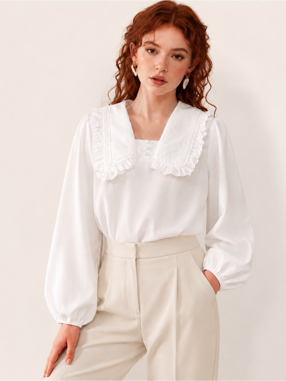 SHEIN White Lace-Trim Square Collar Blouse